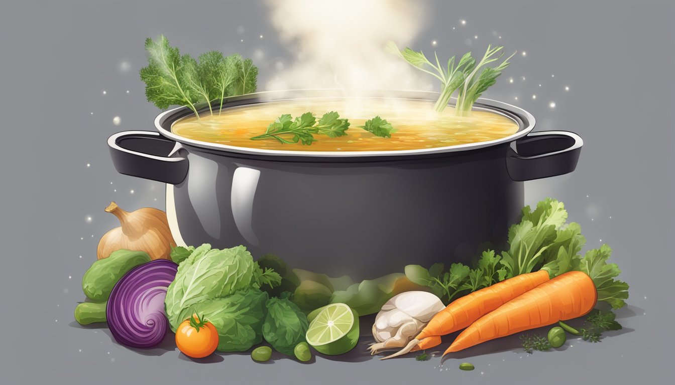 A steaming pot of bone broth surrounded by fresh vegetables and herbs, with a radiant glow emanating from it