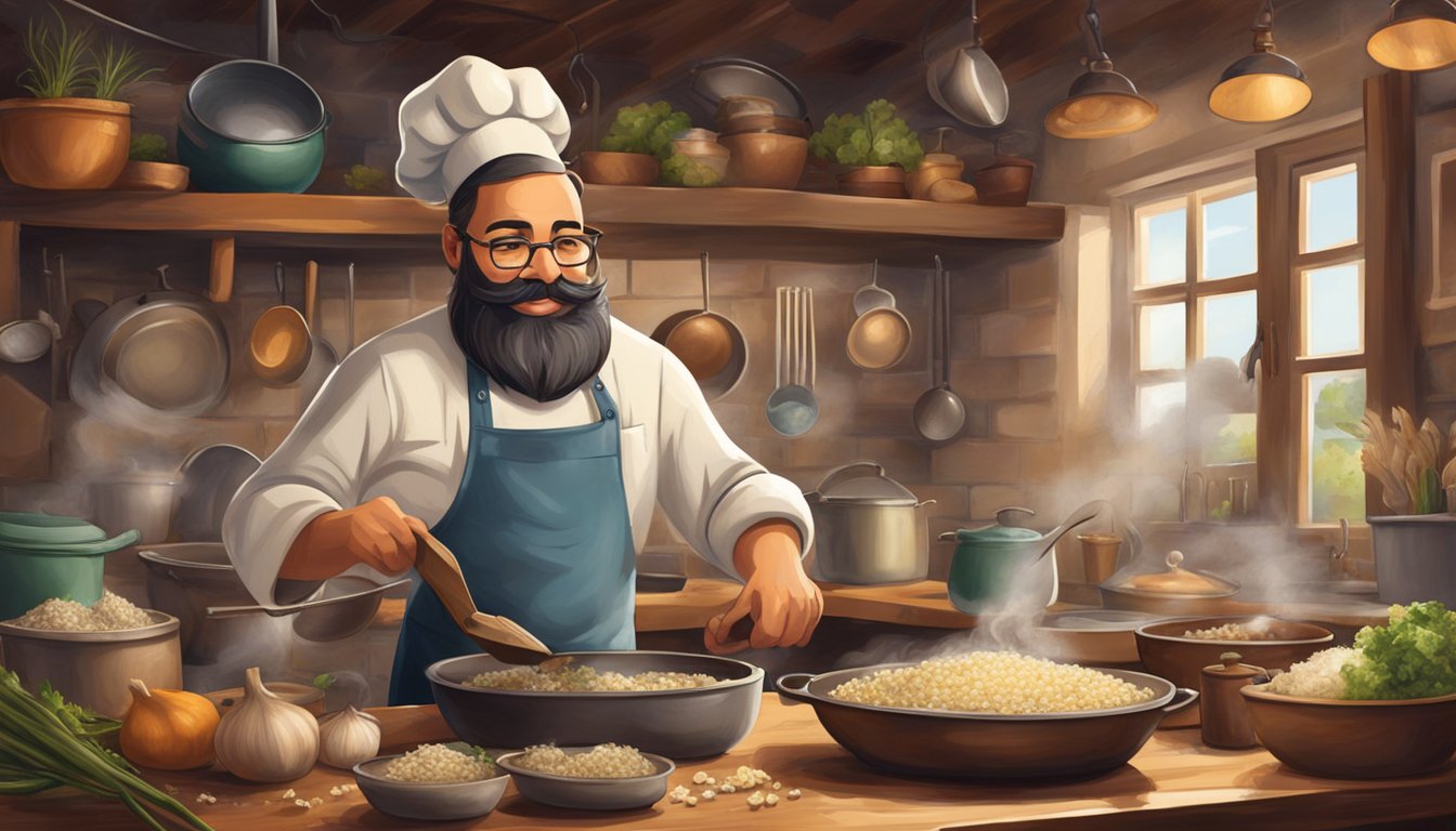 A chef minces garlic in a rustic Texas kitchen, surrounded by pots and pans, with the aroma of sizzling dishes filling the air