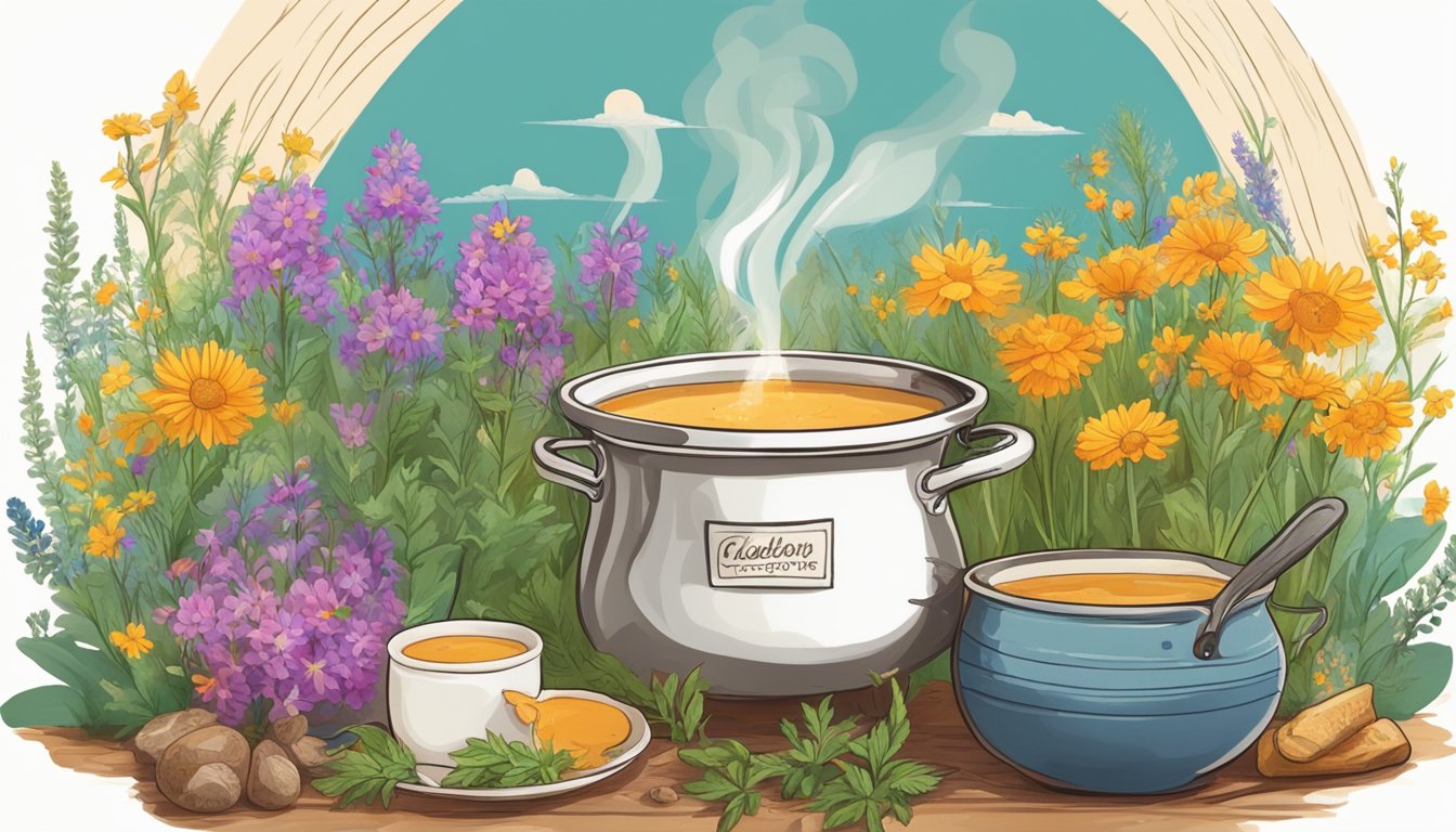 A steaming pot of bone broth surrounded by vibrant Texas wildflowers under the warm sun