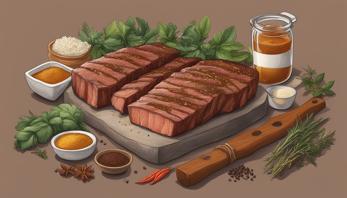 A slab of meat soaking in a rich, reddish-brown marinade, surrounded by traditional Texan spices and herbs