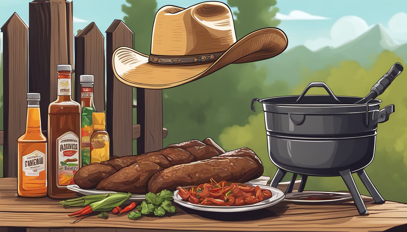 A cowboy hat hangs on a wooden fence post, next to a grill sizzling with marinated meat. A bottle of hot sauce and a bowl of spices sit nearby