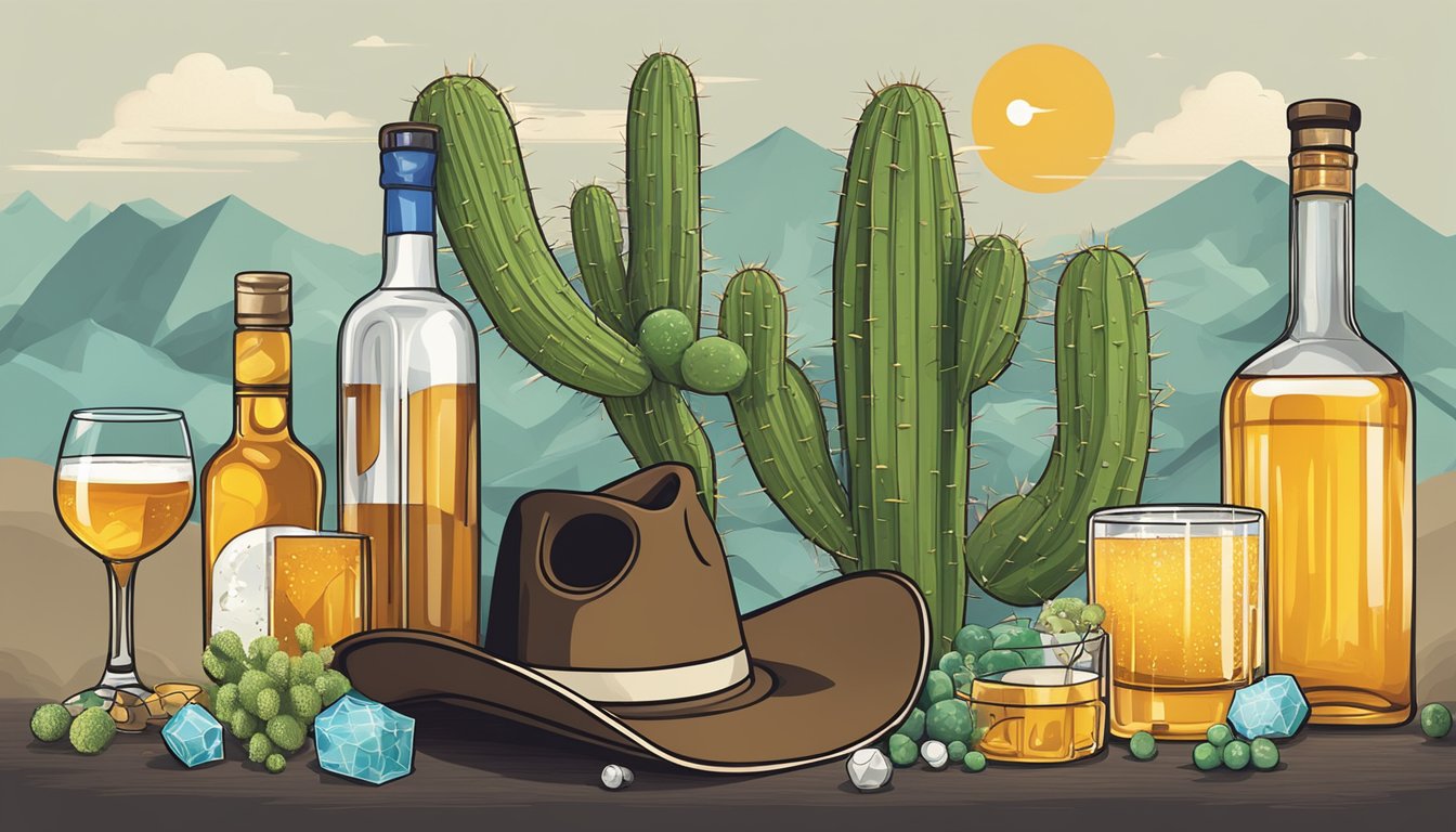 A molecular structure of alcohol surrounded by Texas-themed elements such as a cowboy hat, cactus, and a lone star