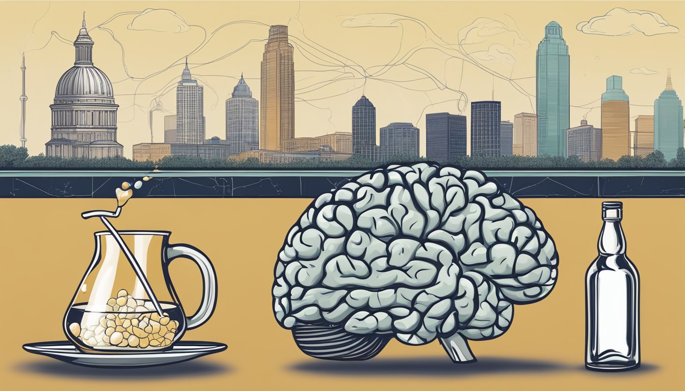 A molecular representation of alcohol interacting with brain cells, with Texas landmarks in the background, showing the impact of alcohol on the human brain