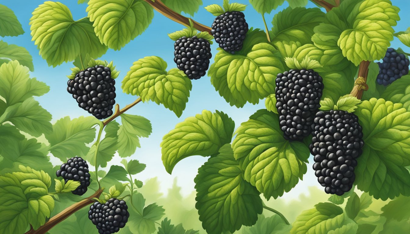 A lush Texas blackberry bush, heavy with ripe, tart fruit, surrounded by vibrant green foliage in the warm, sunny season