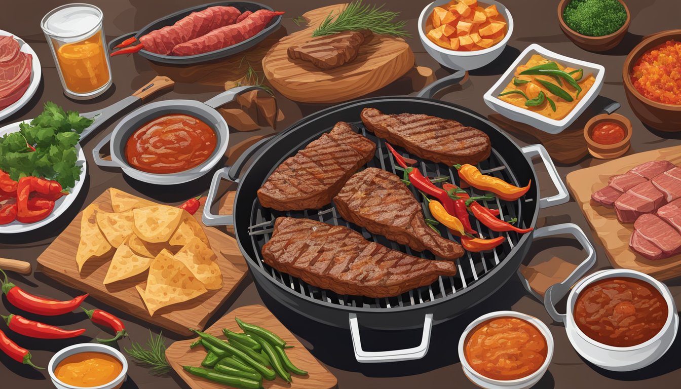 A grill sizzling with various meat cuts soaking in different marinades, surrounded by Texas-themed ingredients like BBQ sauce, chili peppers, and mesquite wood