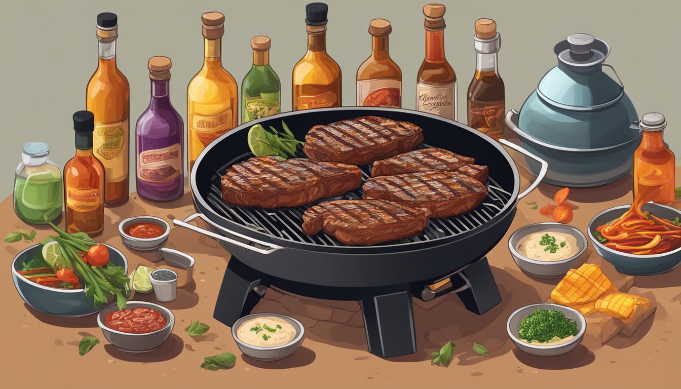 A grill sizzling with marinated meat over open flames, surrounded by bottles of various marinades and seasonings