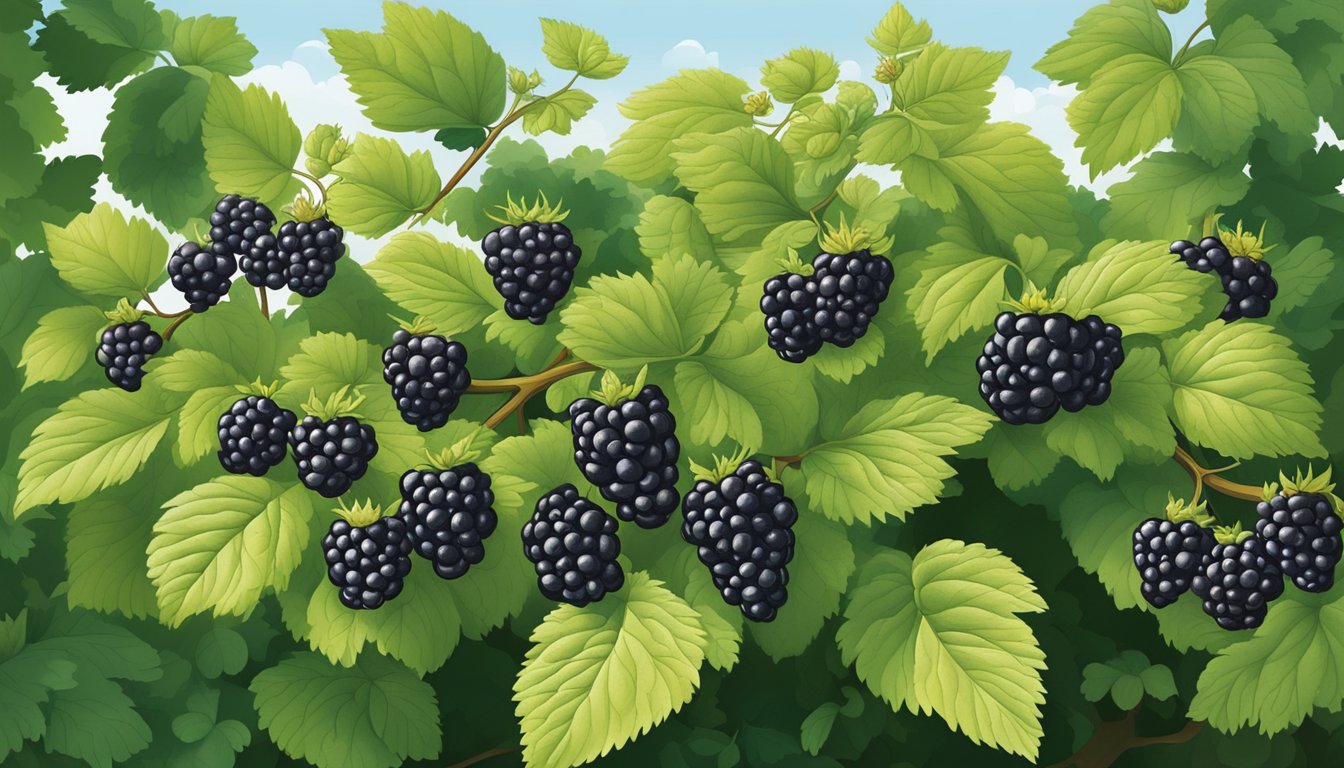 A lush, sun-dappled blackberry bush in full bloom, surrounded by vibrant green foliage and dotted with plump, ripe blackberries ready for picking