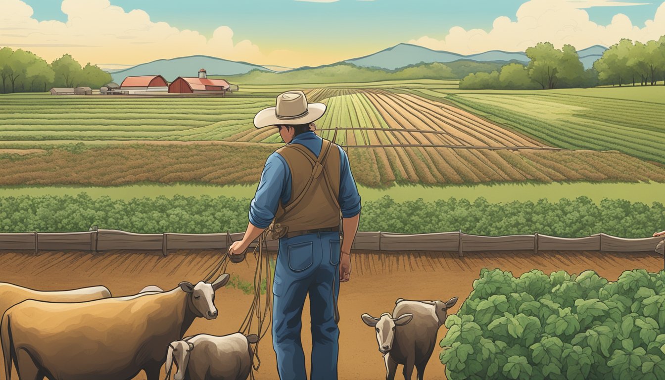 A Texas rancher inspecting rows of herbs and spices, surrounded by grazing livestock and fields of locally grown produce