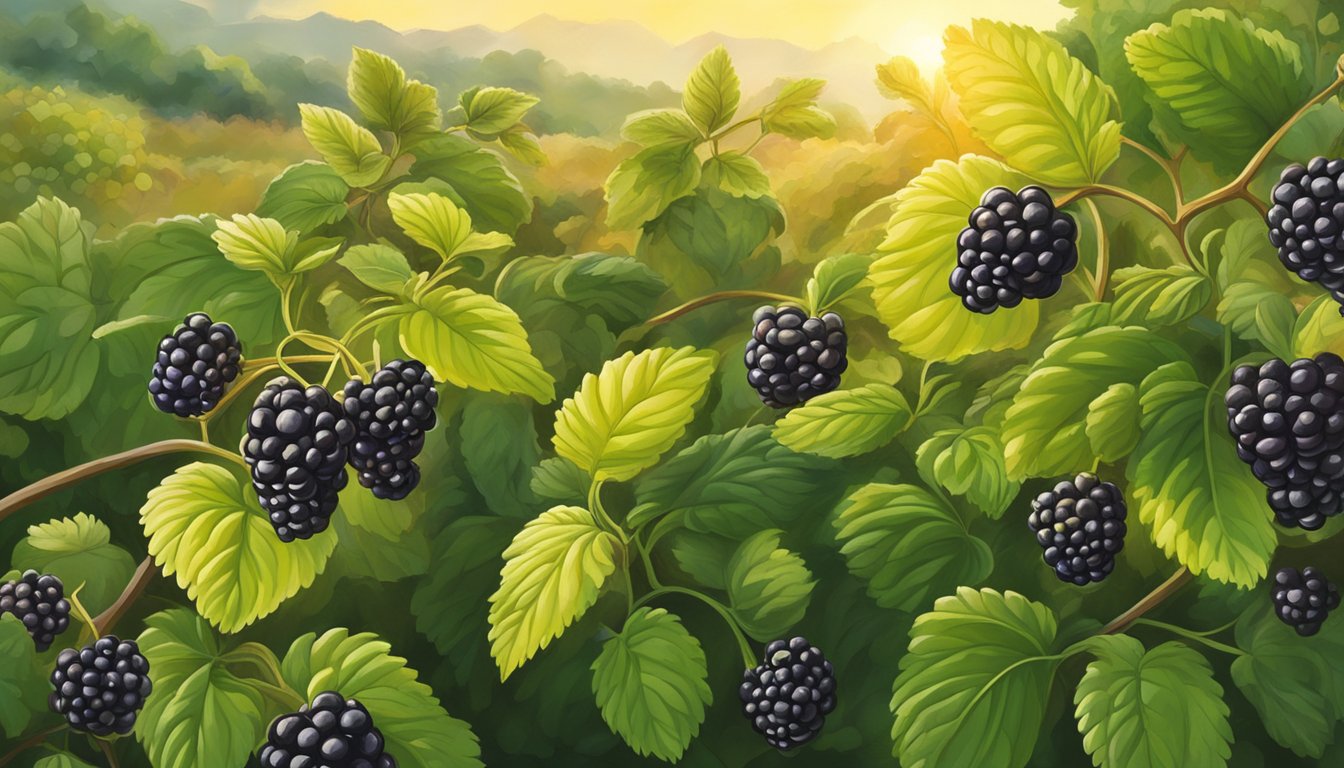 Ripe blackberry bushes in a Texas field, surrounded by vibrant green leaves and bathed in warm sunlight