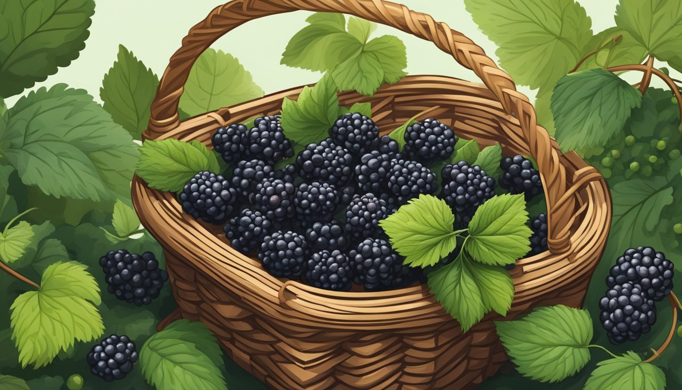 A hand reaching into a wicker basket filled with ripe blackberries, surrounded by green leaves and a few scattered berries on the ground