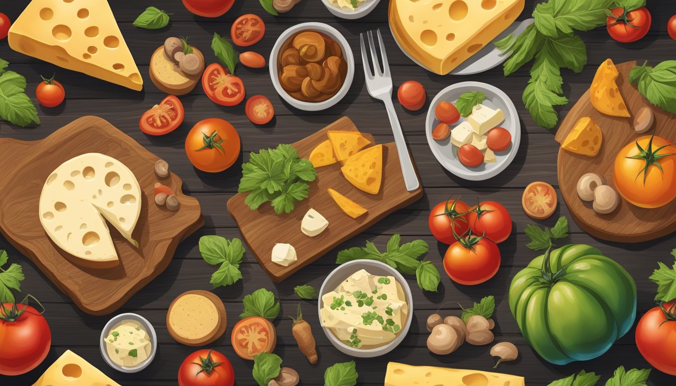 A colorful Texas landscape with a variety of umami-rich foods, such as tomatoes, mushrooms, and aged cheeses, arranged on a rustic wooden table