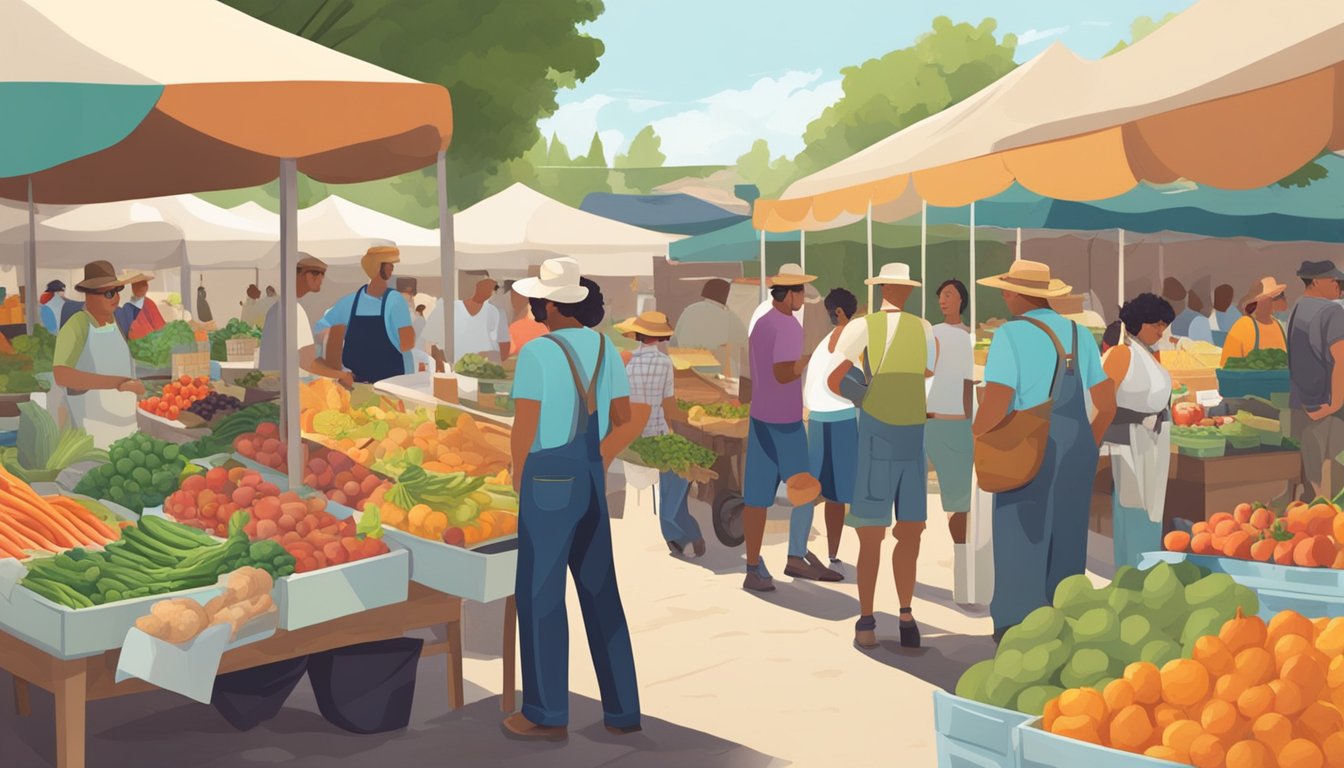 A bustling farmers' market in Texas, with vendors selling fresh produce, dairy products, and meats. Customers chat with farmers and sample local goods