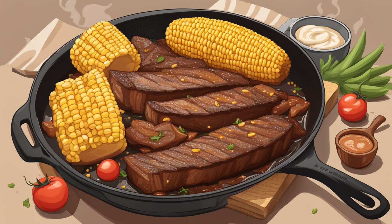 A sizzling skillet of tender brisket and smoky, savory barbecue sauce, surrounded by grilled corn and juicy, ripe tomatoes