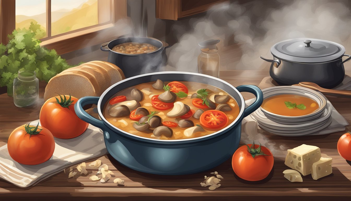 A rustic kitchen table adorned with ripe tomatoes, mushrooms, soy sauce, and Parmesan cheese, with a steaming pot of broth simmering on the stove