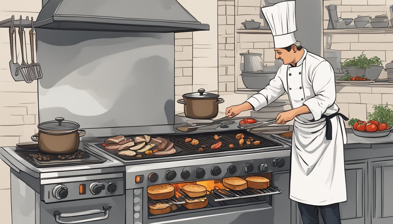 A chef grilling steaks over a charcoal fire, while a pot of broth simmers on the stove with mushrooms and seaweed. A bowl of ripe tomatoes and aged cheese sits on the counter