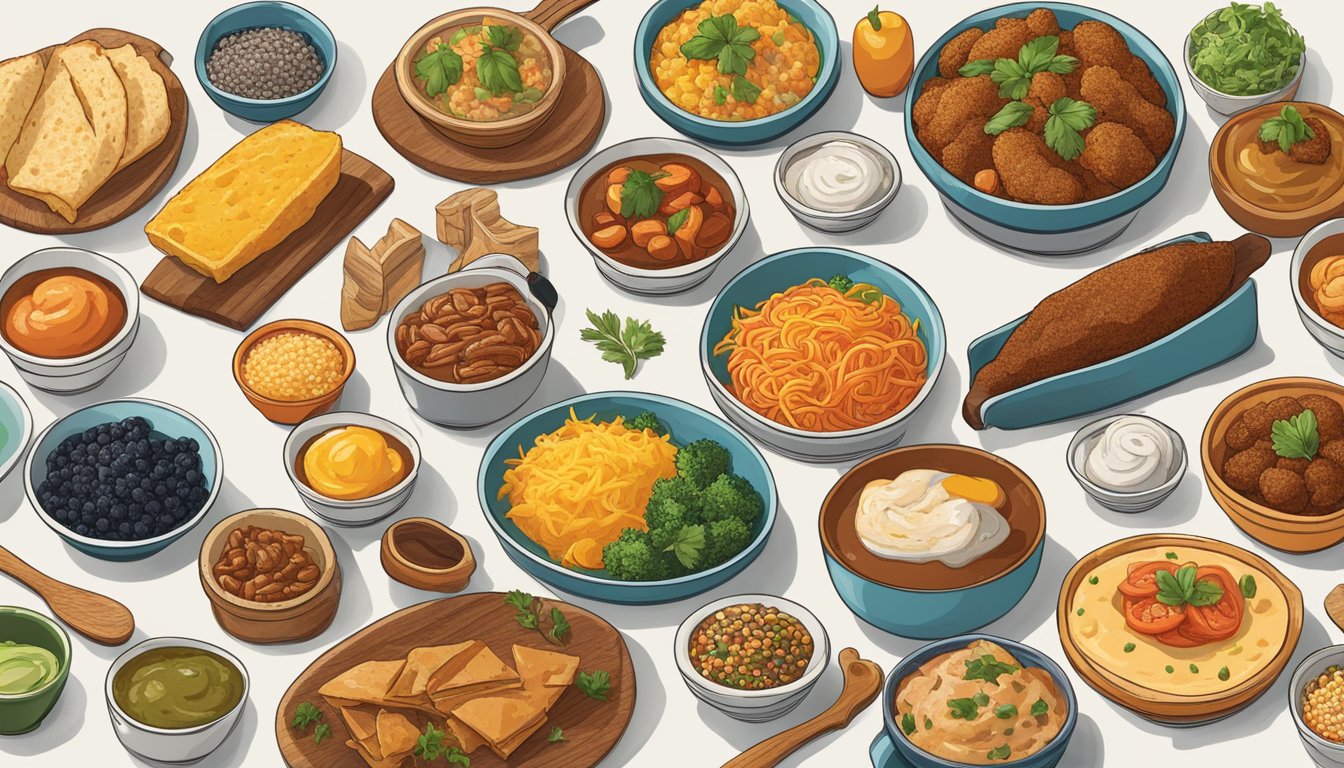 A colorful spread of various Texas foods, showcasing the diverse range of umami flavors across different cuisines