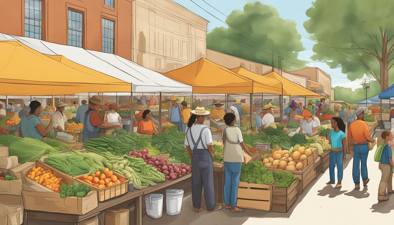 A bustling Texas farmers' market with diverse produce, livestock, and local vendors showcasing the locavore movement's impact on agriculture