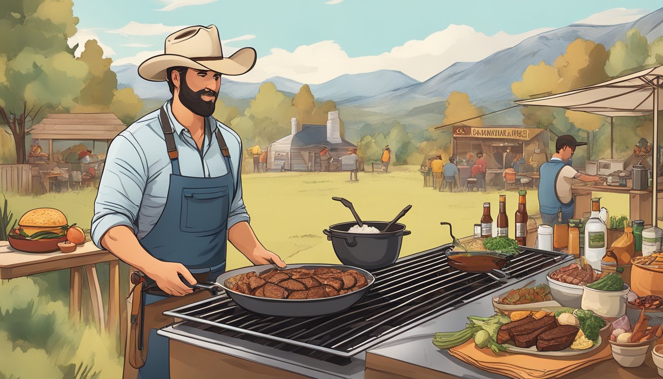 A cowboy cooking up a savory BBQ feast with a variety of umami-rich ingredients like smoky meats, tangy sauces, and charred vegetables