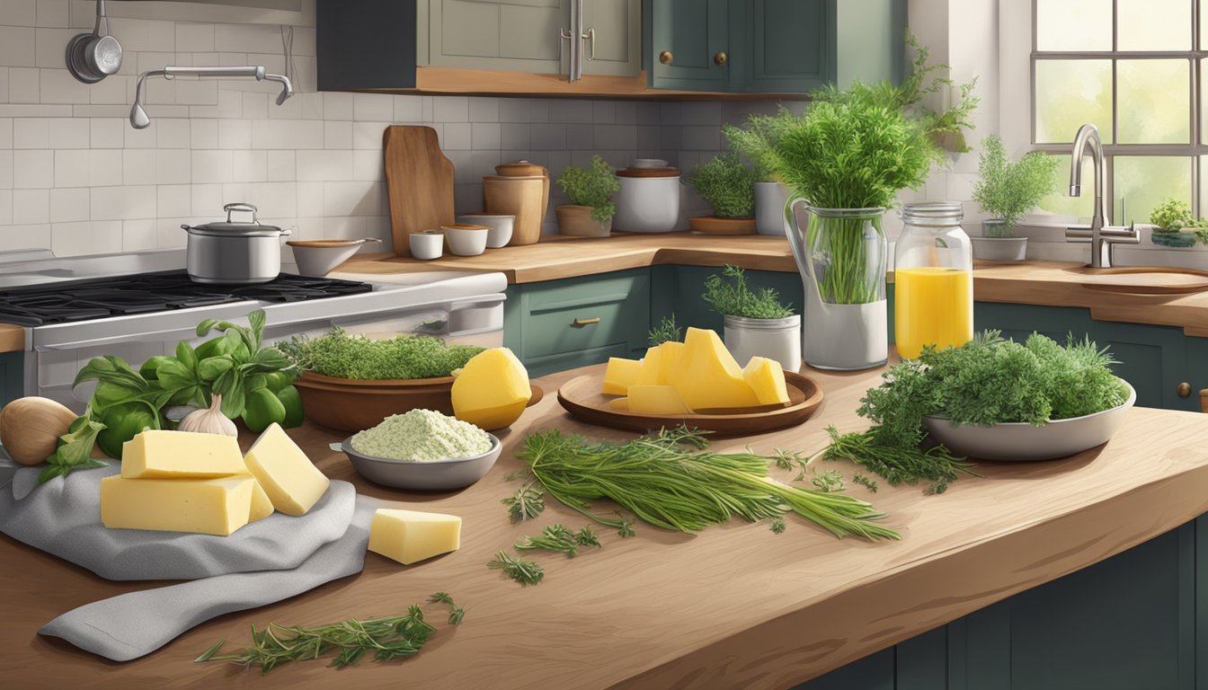 A rustic kitchen counter in Texas adorned with fresh herbs, garlic, and other simple ingredients for making homemade compound butter