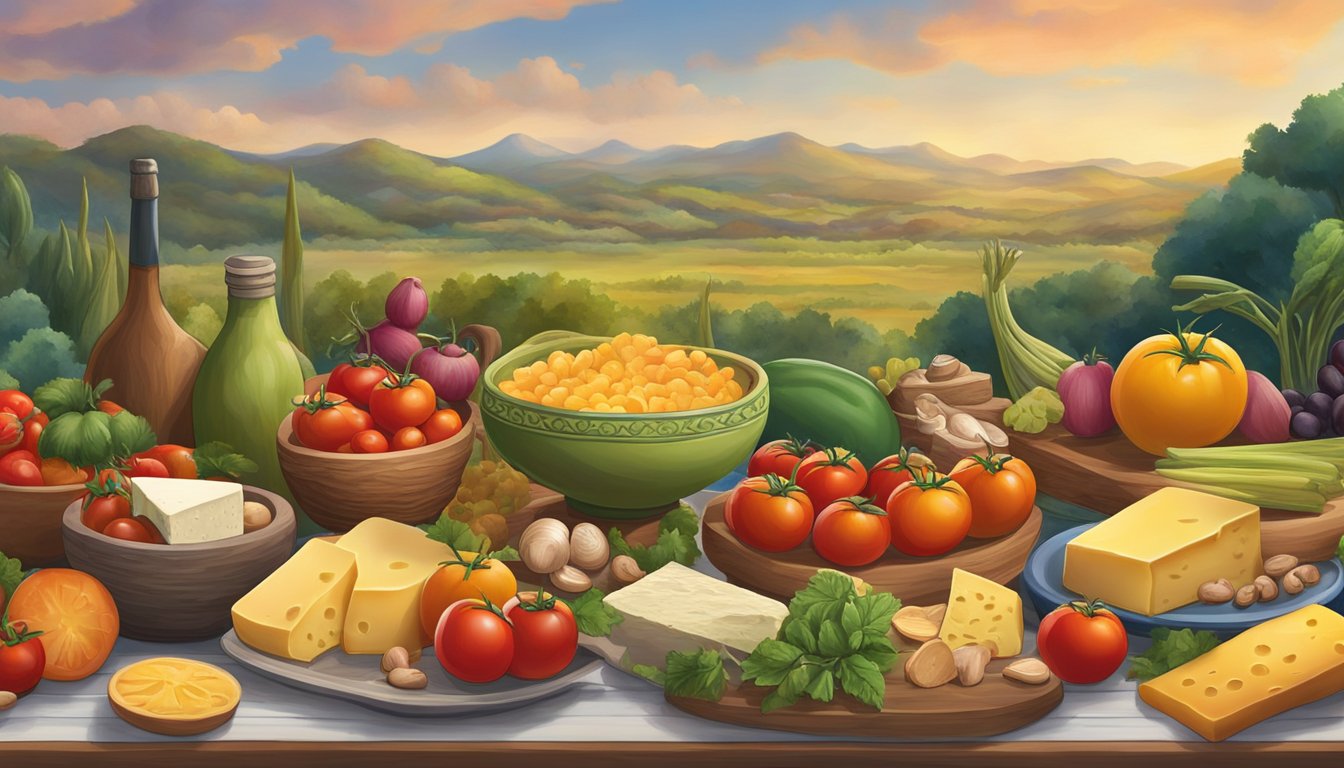 A colorful Texas landscape with various umami-rich foods arranged on a table, including tomatoes, mushrooms, and aged cheeses. The scene is set against a backdrop of healthy living symbols such as fruits and vegetables