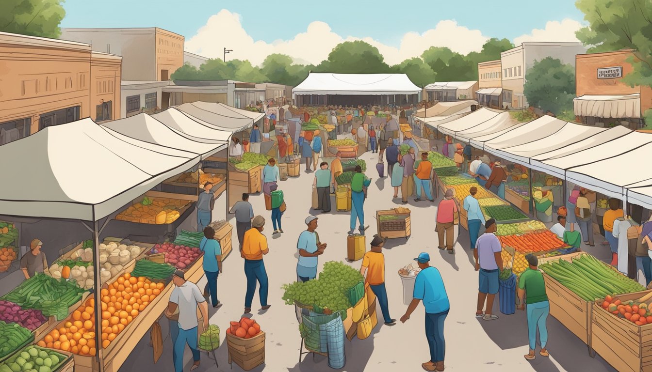 A bustling farmers market in Texas, with colorful stalls of locally grown produce and crowds of people engaging with farmers and food producers