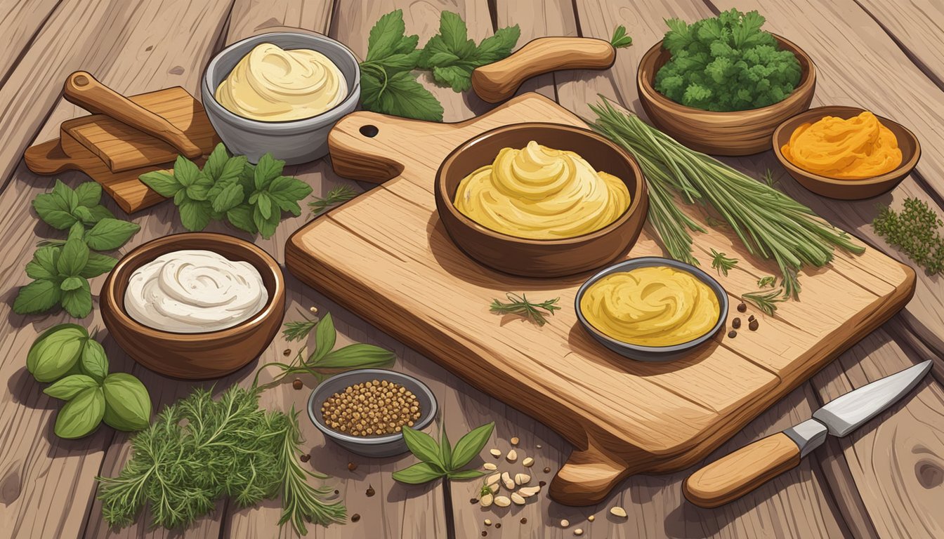 A wooden cutting board with various flavored compound butters surrounded by fresh herbs and spices in a rustic Texas kitchen