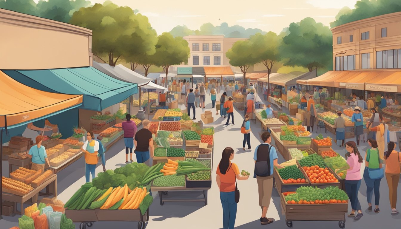 A bustling farmers' market in Texas, with vendors selling locally grown produce and artisanal goods, surrounded by a diverse community of shoppers