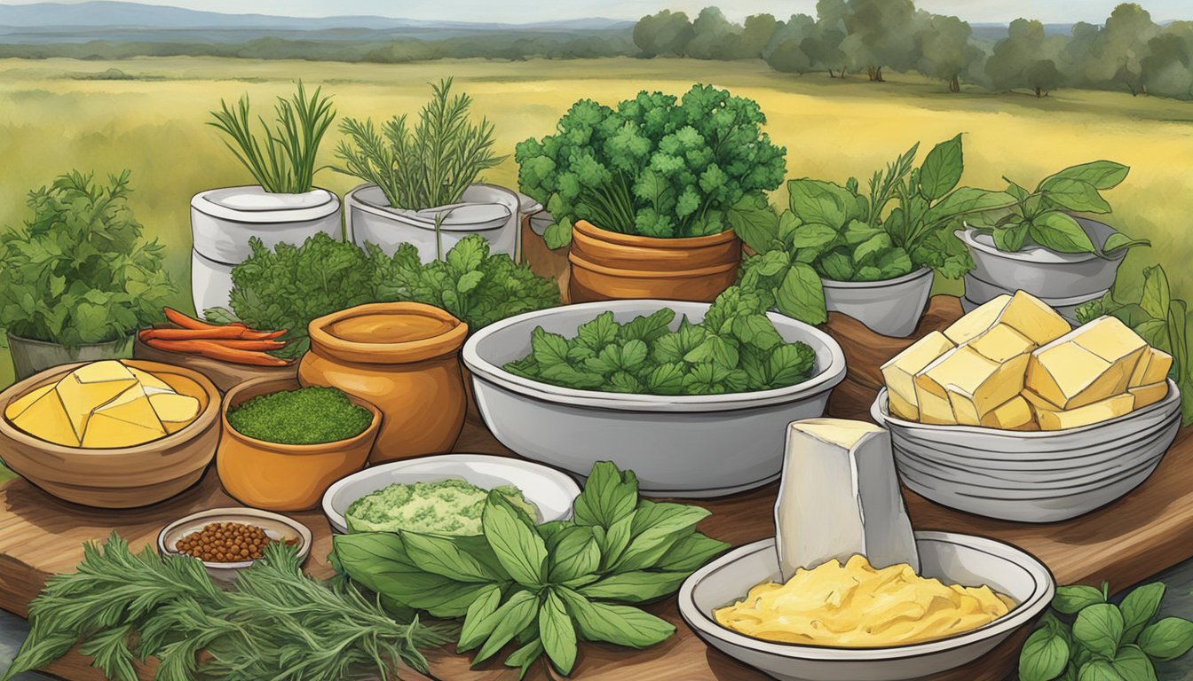 A colorful array of fresh herbs and spices arranged around a block of butter, with a Texas landscape in the background