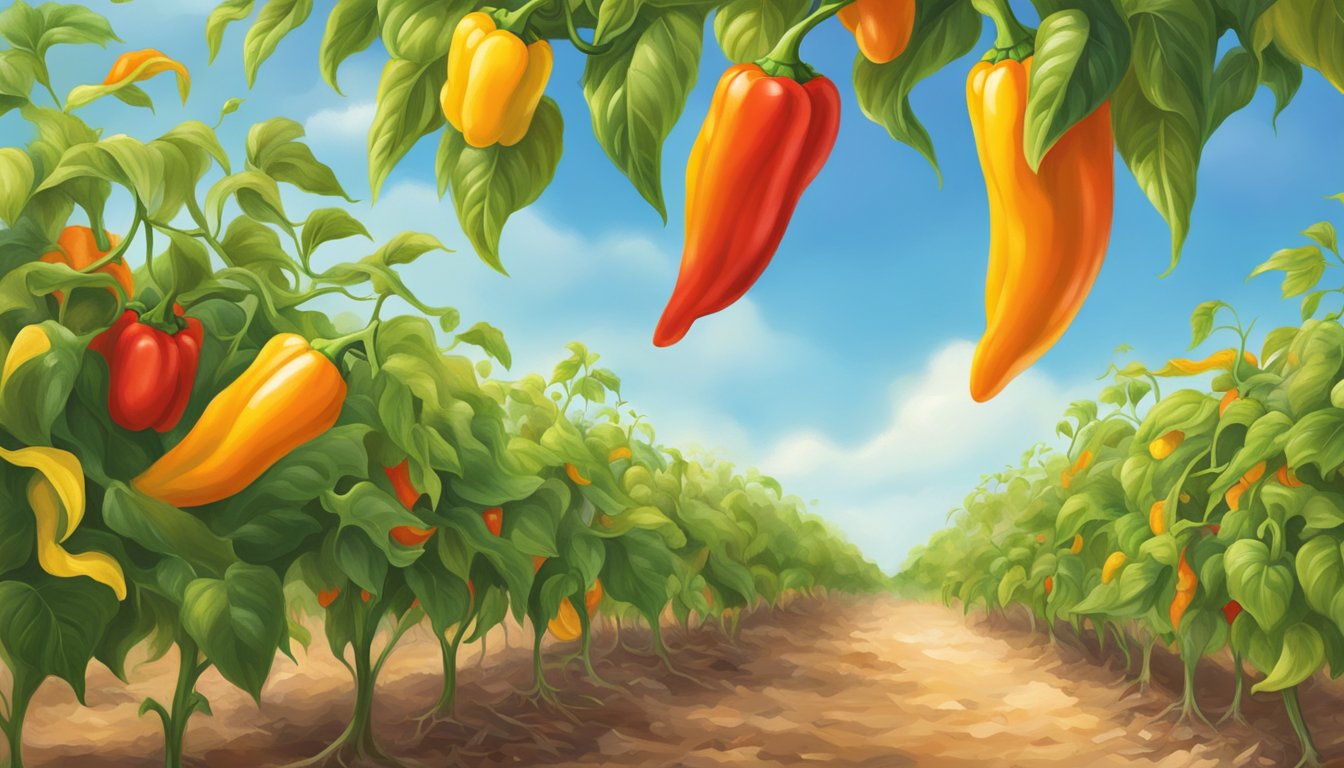 Vibrant red, orange, and yellow peppers bursting from green vines under the scorching Texas sun