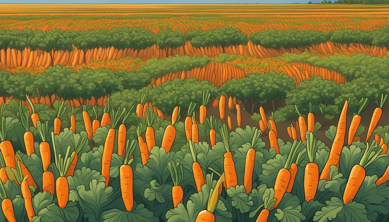 A field of vibrant orange carrots growing in the late winter sun in Texas