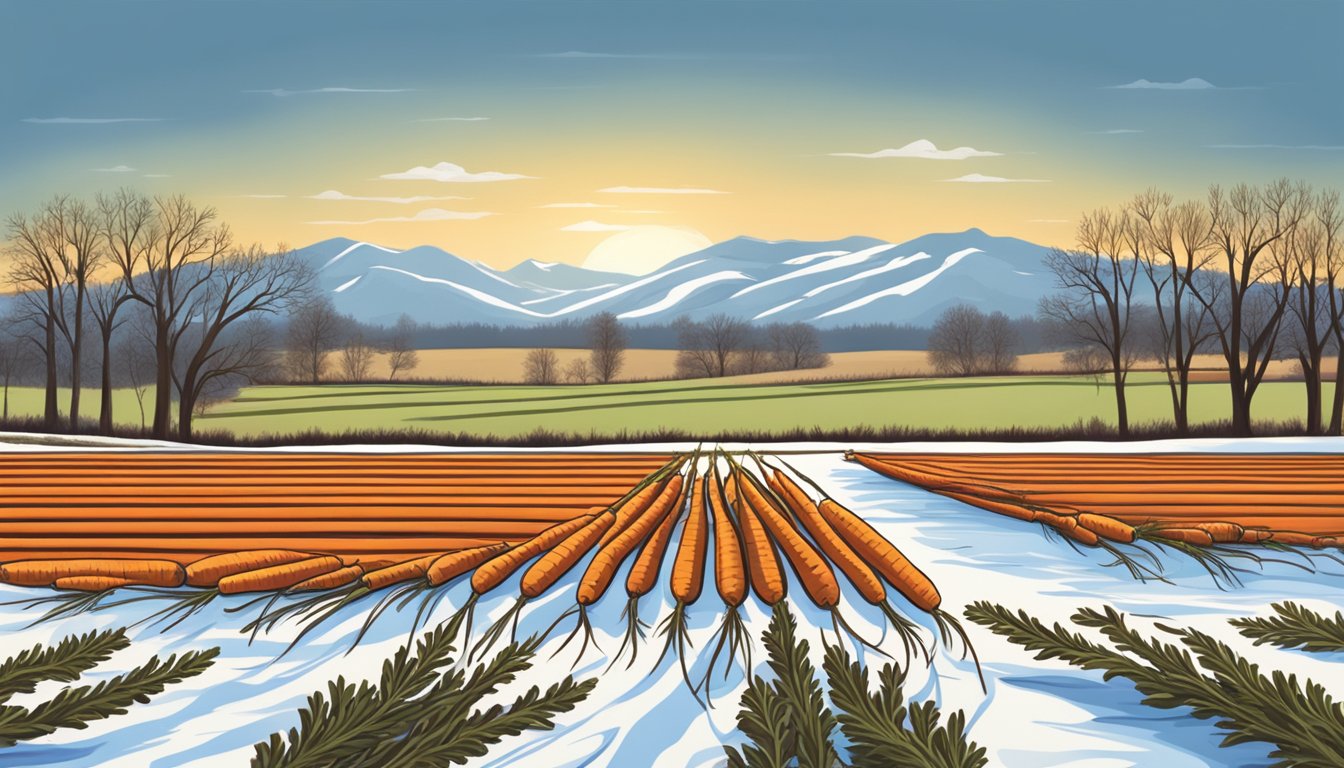 A field of freshly harvested carrots in late winter, with the Texan landscape in the background