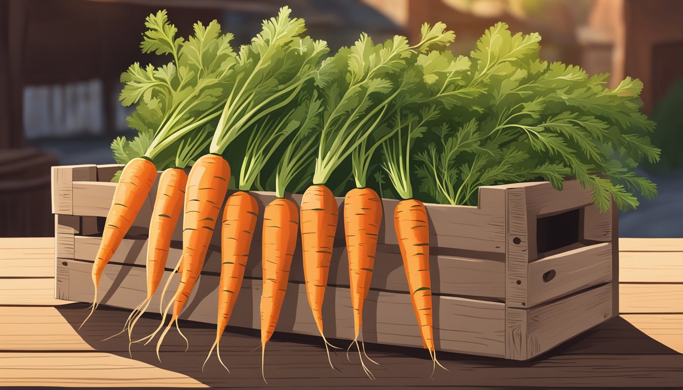 A vibrant bunch of carrots, with their leafy green tops, nestled in a wooden crate at a farmer's market. The winter sun casts a warm glow on the scene