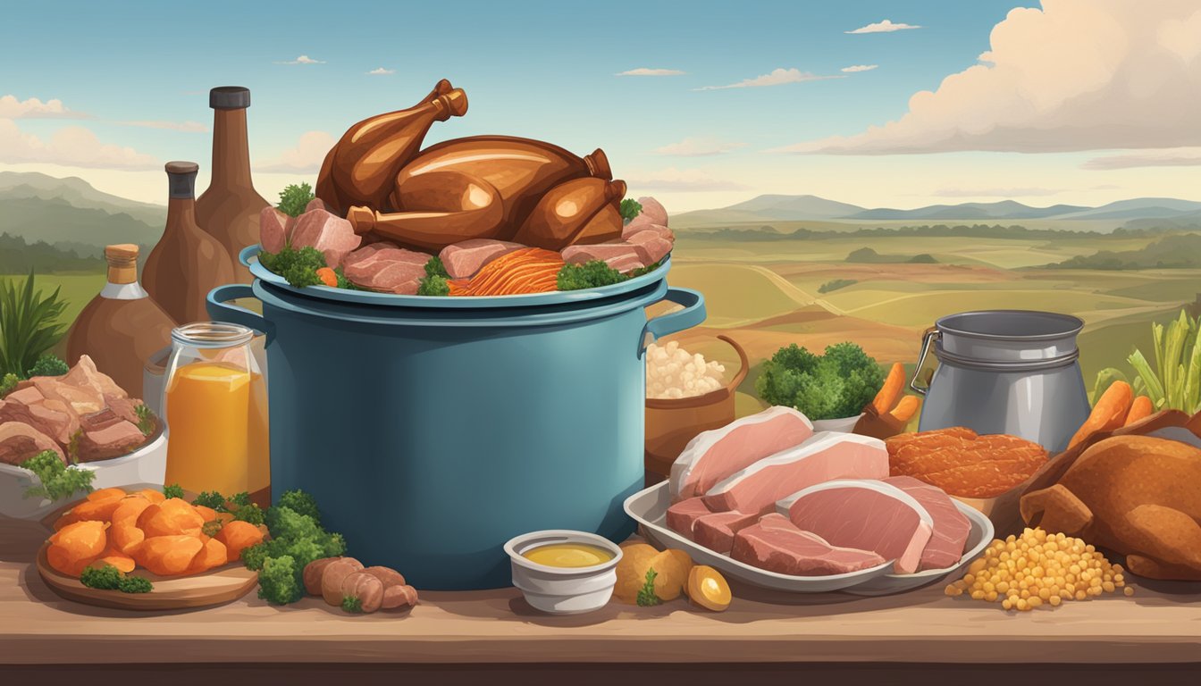 A large pot filled with brine ingredients, surrounded by various types of meat and poultry. A Texas landscape in the background