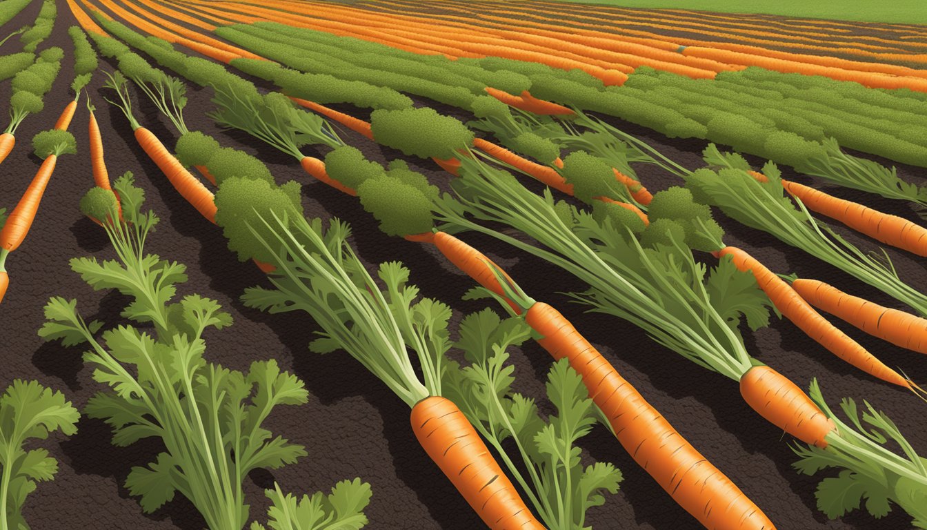 A field of late winter carrots in Texas, with the bright orange vegetables peeking out from the dark, rich soil