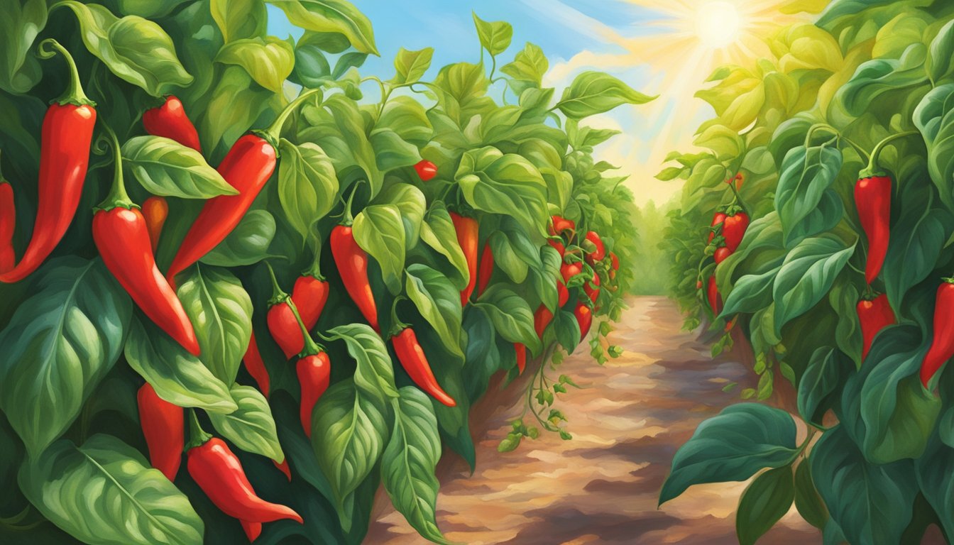 Vibrant red and green hot peppers bursting from the vine in a Texas garden, surrounded by lush, sun-drenched foliage