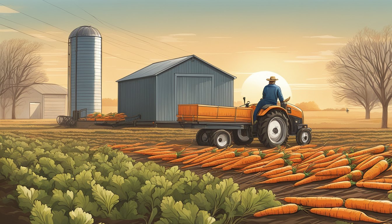 A farmer gathering freshly harvested carrots from a field, with a storage shed in the background, under the late winter sun in Texas