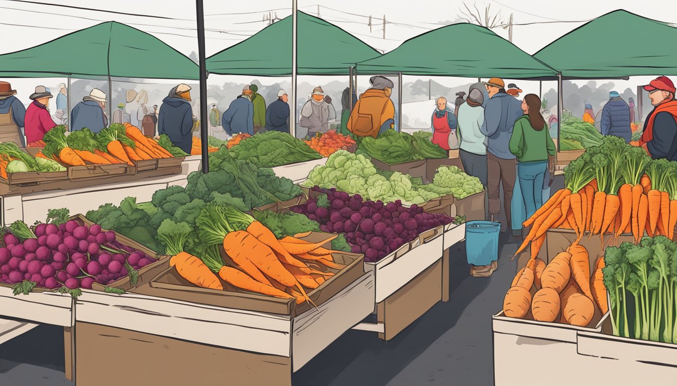 A bustling farmers market with colorful displays of fresh carrots, beets, and kale. Local farmers proudly showcase their late winter harvest in Texas