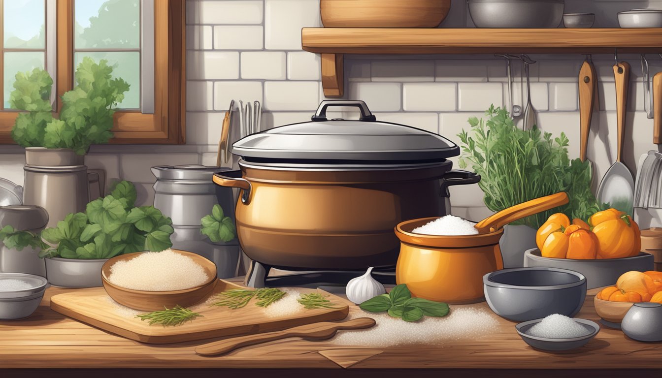 A rustic kitchen with a large pot simmering on the stove, filled with brine ingredients like salt, sugar, and herbs. A wooden spoon rests on the counter next to a stack of recipe books