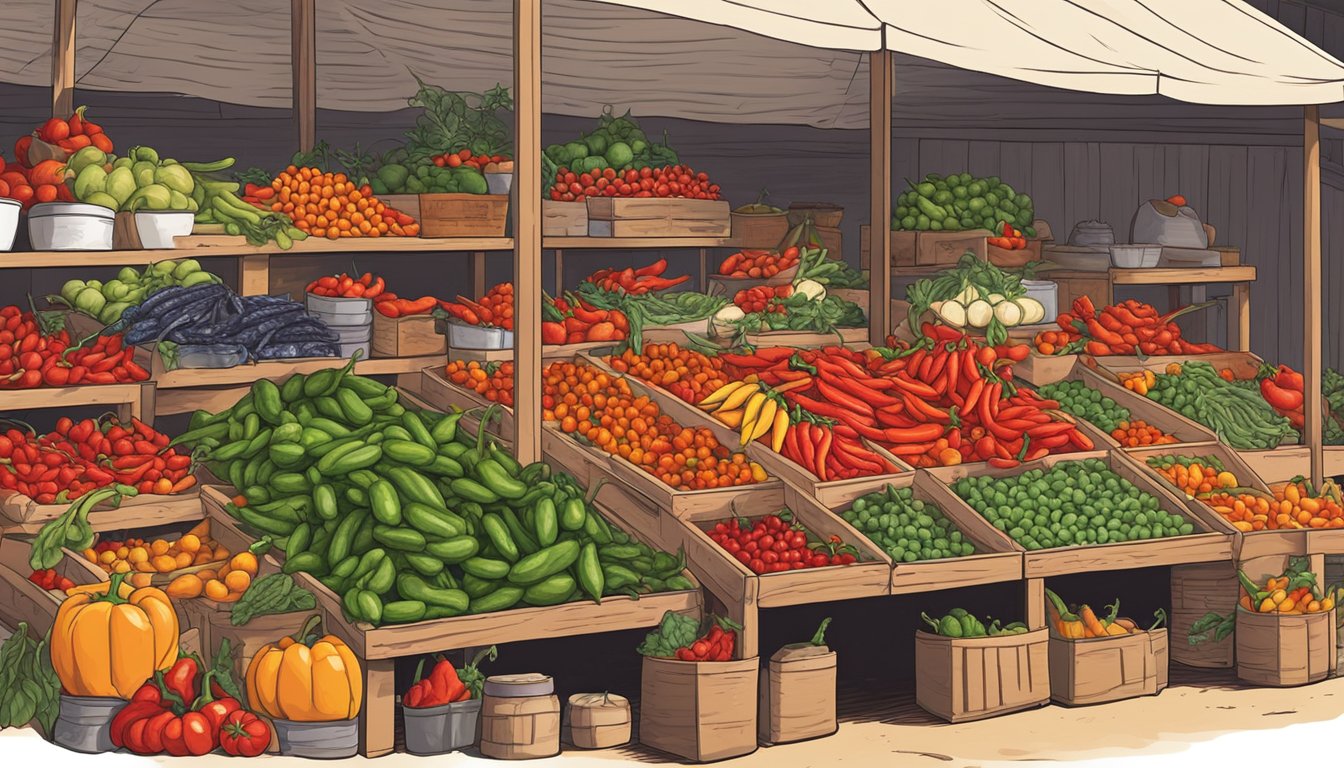 A vibrant display of ripe, red hot peppers and other seasonal Texas produce arranged in a market stall