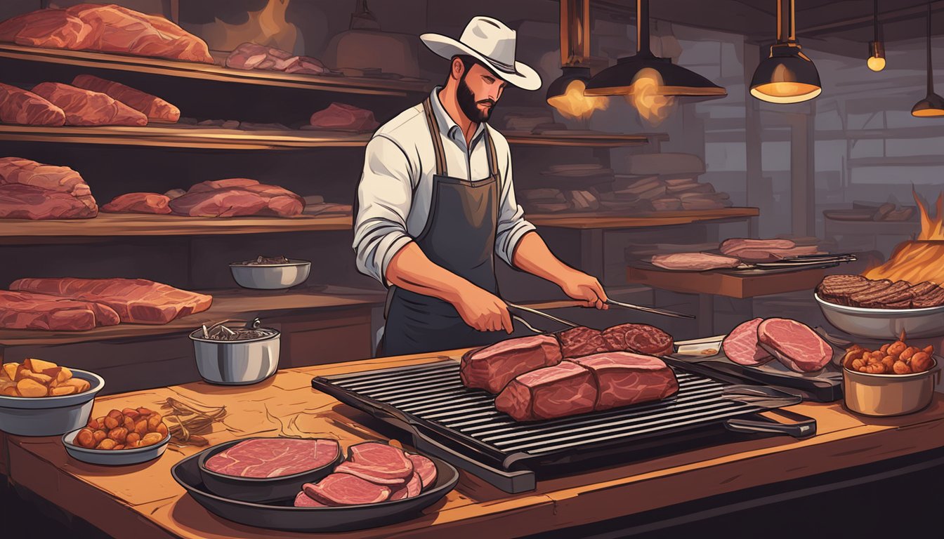 A butcher selecting prime cuts of meat, a grill sizzling with steaks, and a cowboy cooking over an open flame