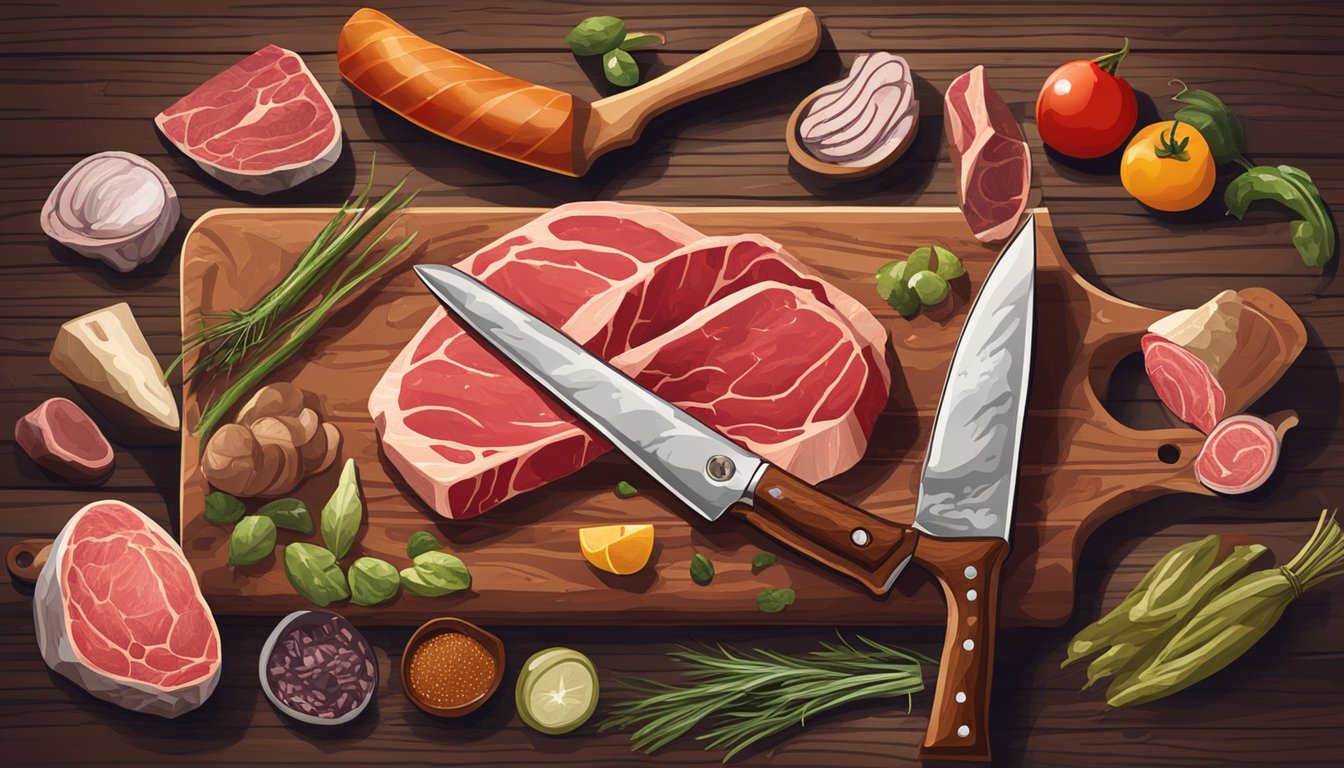 A butcher's knife slicing through a marbled cut of beef on a wooden cutting board, surrounded by various meat cuts and kitchen utensils in a rustic Texas kitchen