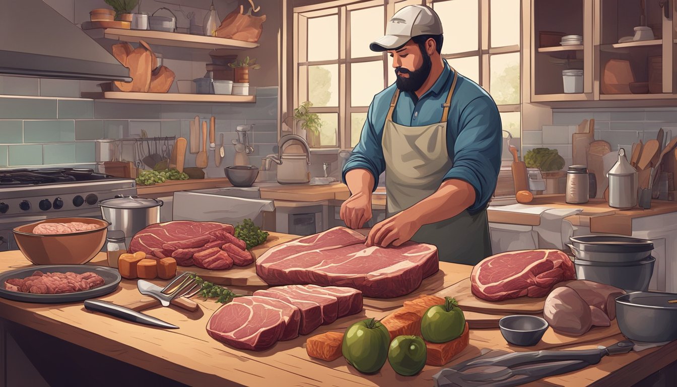 A butcher selects and prepares various cuts of meat in a Texas kitchen, surrounded by kitchen tools and ingredients