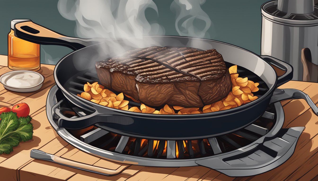 A sizzling steak on a hot grill, a cast iron skillet on a stovetop, and a smoker billowing with fragrant wood chips