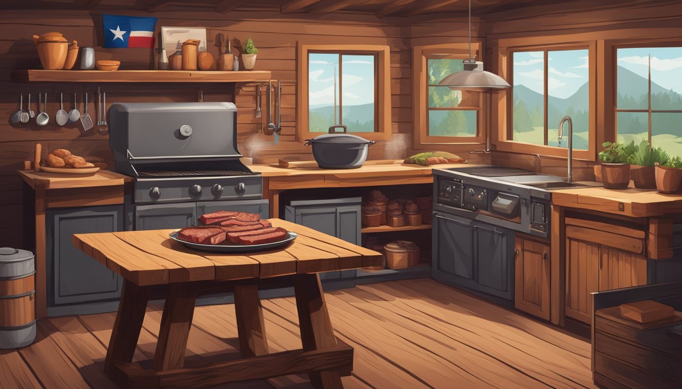 A rustic kitchen with a large smoker, grill, and various cuts of meat on a wooden table. A Texas flag hangs on the wall