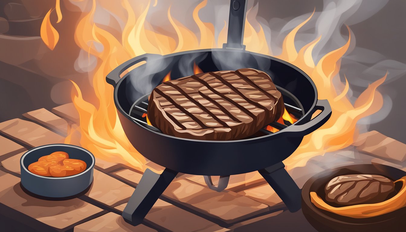 A sizzling steak on a hot grill, smoke rising in the air. A cast iron skillet searing a juicy steak, with flames dancing beneath. A tender steak being slow-cooked on a barbecue pit, surrounded by the scent of hickory