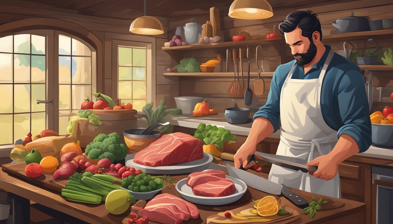 A butcher slicing fresh meat in a rustic Texas kitchen, surrounded by various fruits, vegetables, and cooking utensils