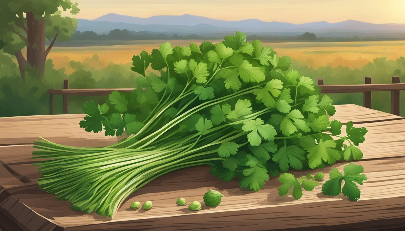 A vibrant bunch of cilantro and coriander leaves and seeds arranged on a rustic wooden table, with a Texas landscape in the background