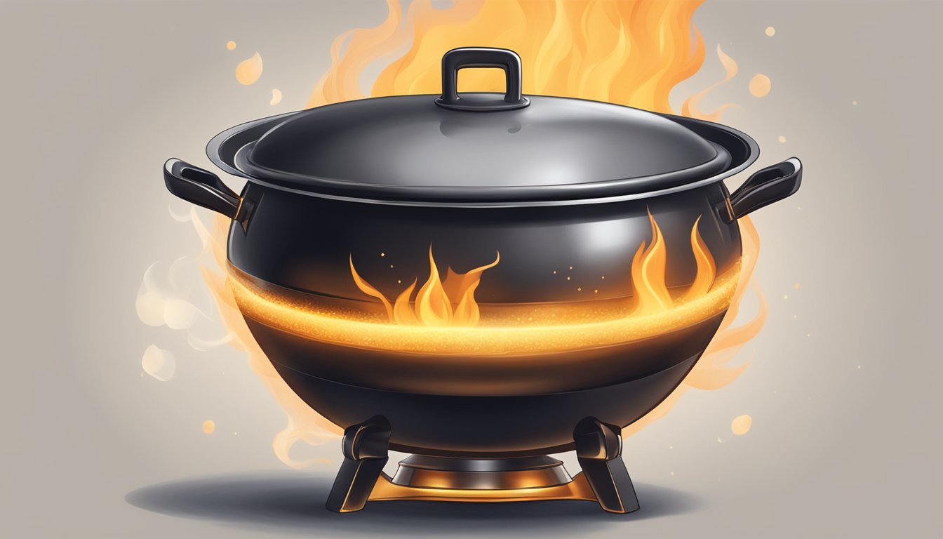 A large pot bubbling over an open flame, with steam rising and the rich aroma of spices filling the air