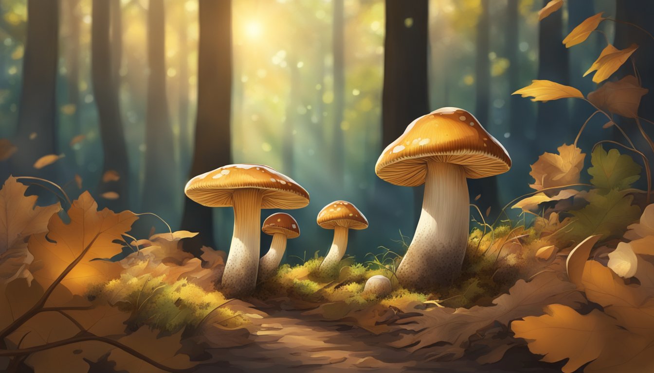 Two medicinal mushrooms growing in a Texas forest, surrounded by fallen leaves and dappled sunlight