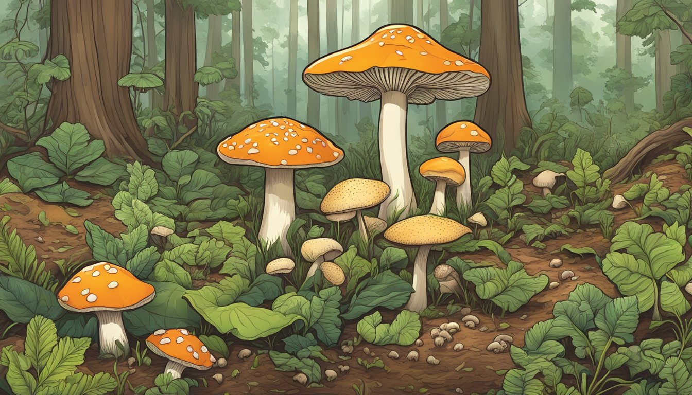 A lush Texas forest floor with various edible mushrooms growing, including medicinal varieties